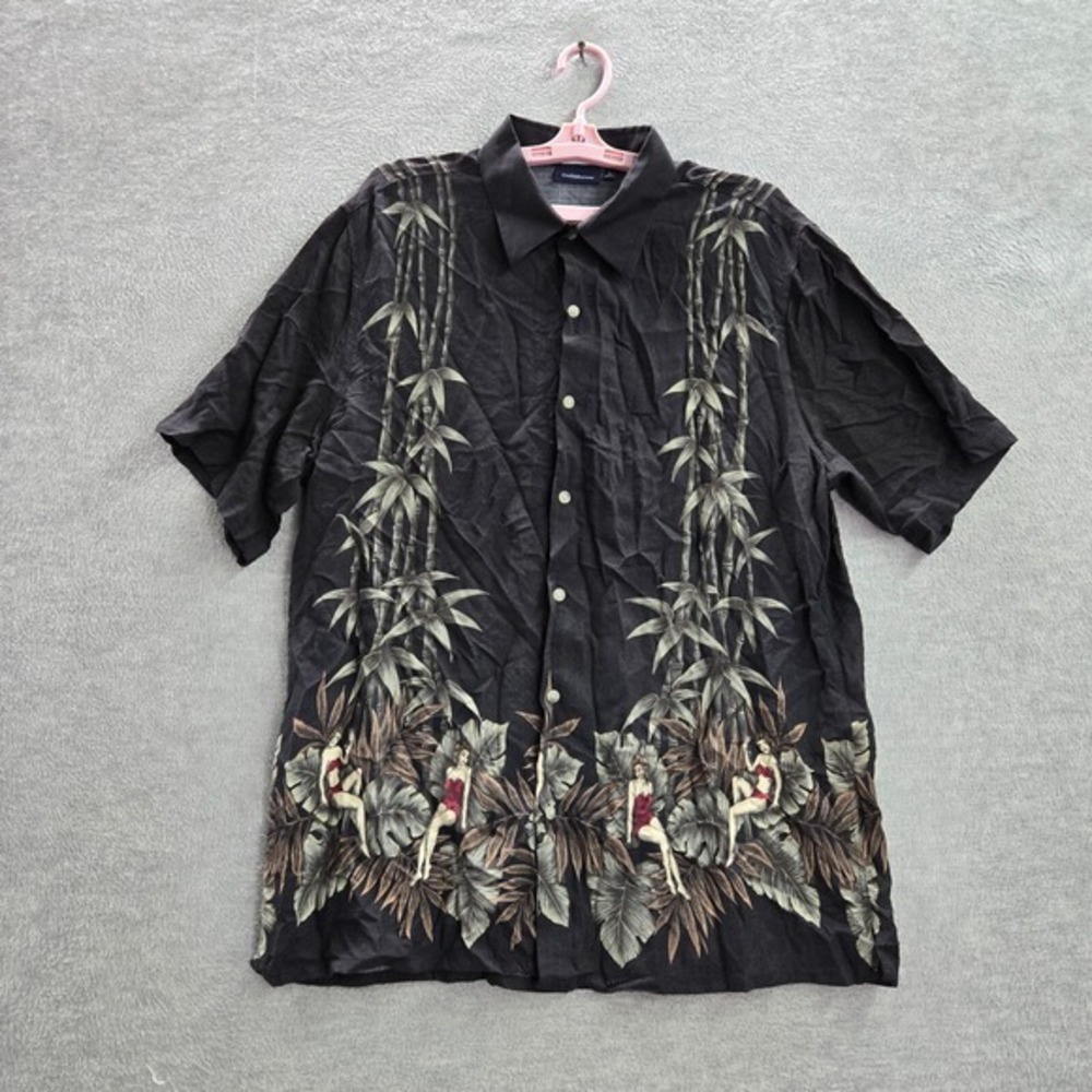 Croft‎ & Barrow Men Button Up Shirt Large Black Floral Hula Girl Hawaiian Collar